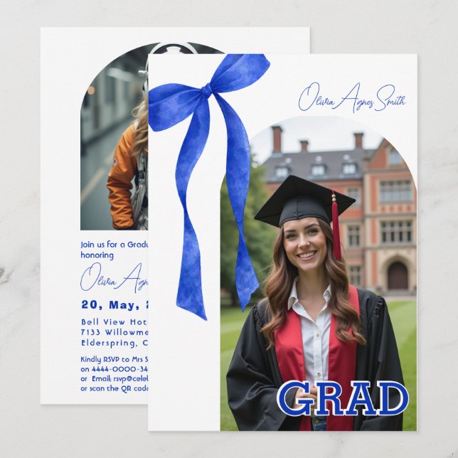 Blue Ribbon Accent Dual‑Photo QR Code Invitation (Front/Back)