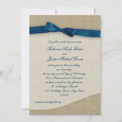 Blue Ribbon and Burlap Wedding Custom Invitation