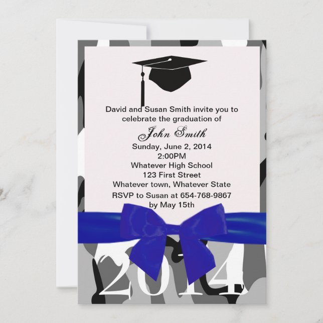 Blue Ribbon And Gray Camo Graduation Invitation (Front)