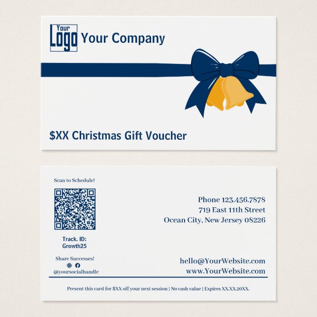 Blue Ribbon Bells Christmas Gift Voucher Card (Front & Back)