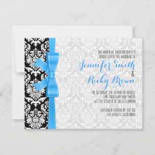 Blue Ribbon Black And White Damasks Wedding Invitation