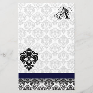 Blue Ribbon Black Damask Monogram Recycled Paper