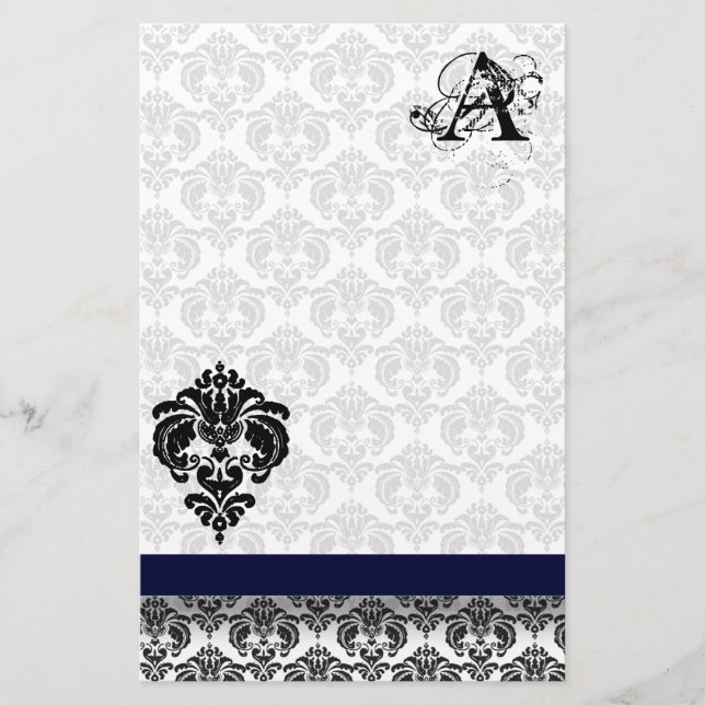 Blue Ribbon Black Damask Monogram Recycled Paper (Front)