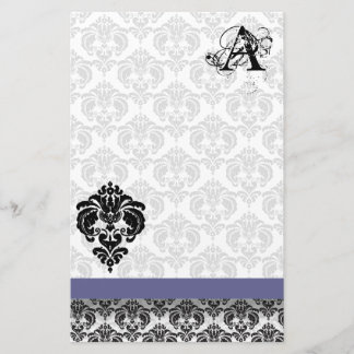 Blue Ribbon Black Damask Monogram Recycled Paper