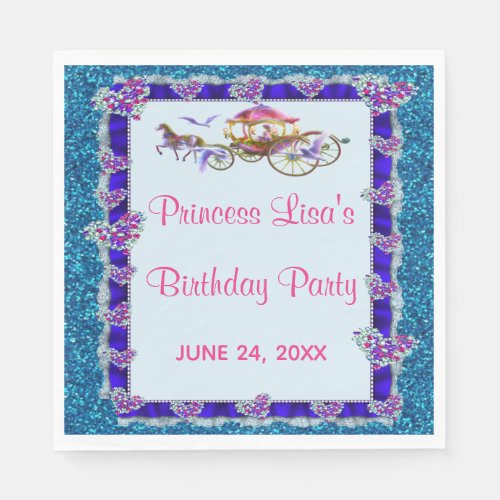 Blue Ribbon Blue Glitter Royal Princess Birthday Napkins