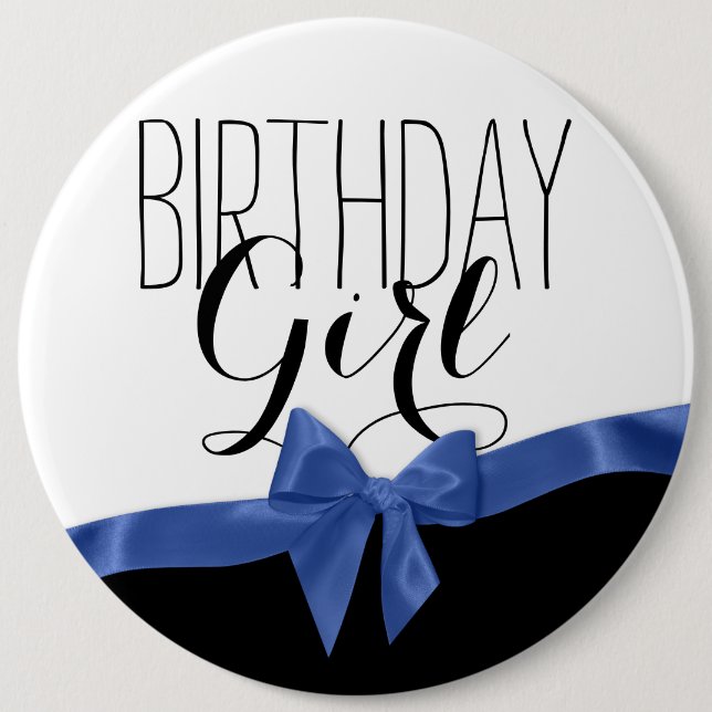 Blue Ribbon Bow Birthday Girl Pinback Button (Front)
