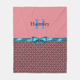 Blue Ribbon Bow Black Chandelier Damask Monogram Fleece Blanket