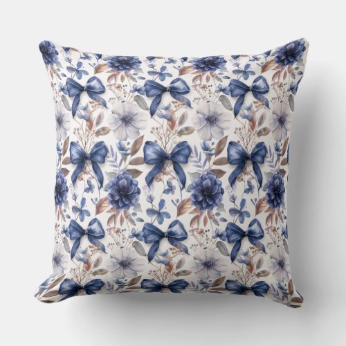 Blue Ribbon Bow Coquette Aesthetic Grandmillennial Throw Pillow