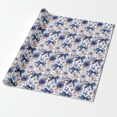 Blue Ribbon Bow Coquette Aesthetic Grandmillennial Wrapping Paper