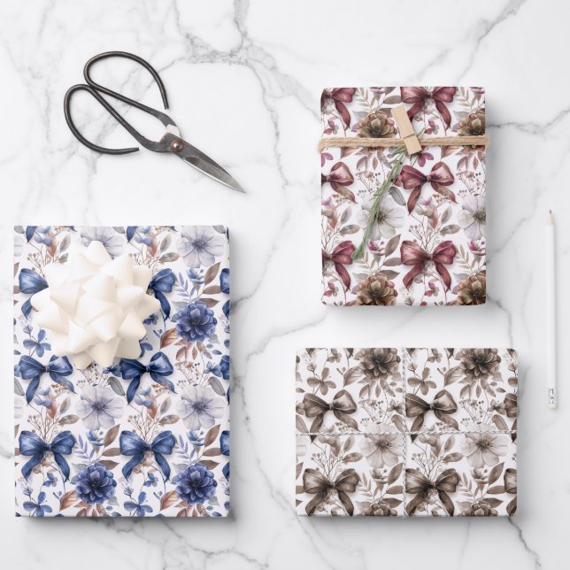 Blue Ribbon Bow Coquette Aesthetic Grandmillennial Wrapping Paper Sheets (Front)