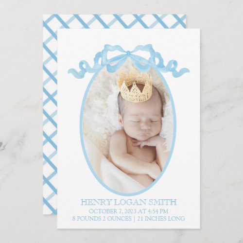 Blue Ribbon Bow Watercolor Gingham Baby Boy Holiday Card