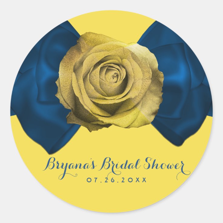 Blue Ribbon Bow & Yellow Rose ANY COLOR Elegant Classic Round Sticker ...