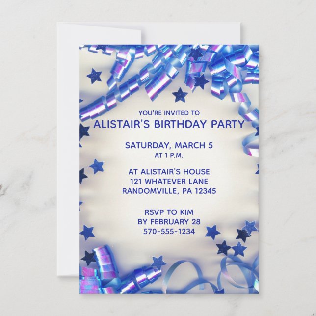 Blue Ribbon & Confetti Boys Birthday Party Invitation (Front)