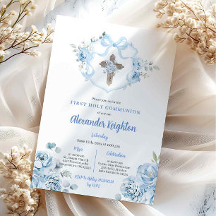Blue Ribbon Crest First Holy Communion Invitation