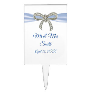 Blue Ribbon Diamond Bow Wedding Cake Topper