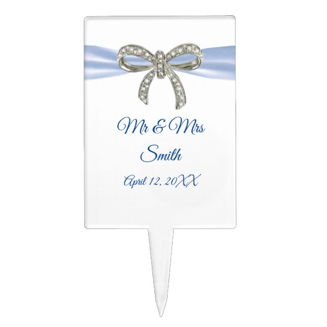 Blue Ribbon Diamond Bow Wedding Cake Topper (Front)