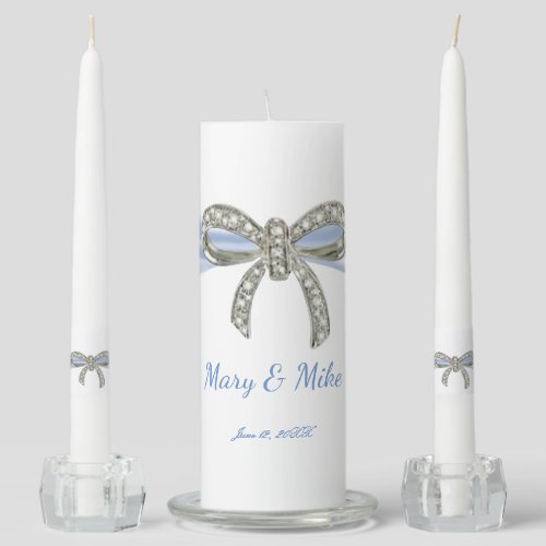 Blue Ribbon Diamond Bow Wedding Unity Candle Set