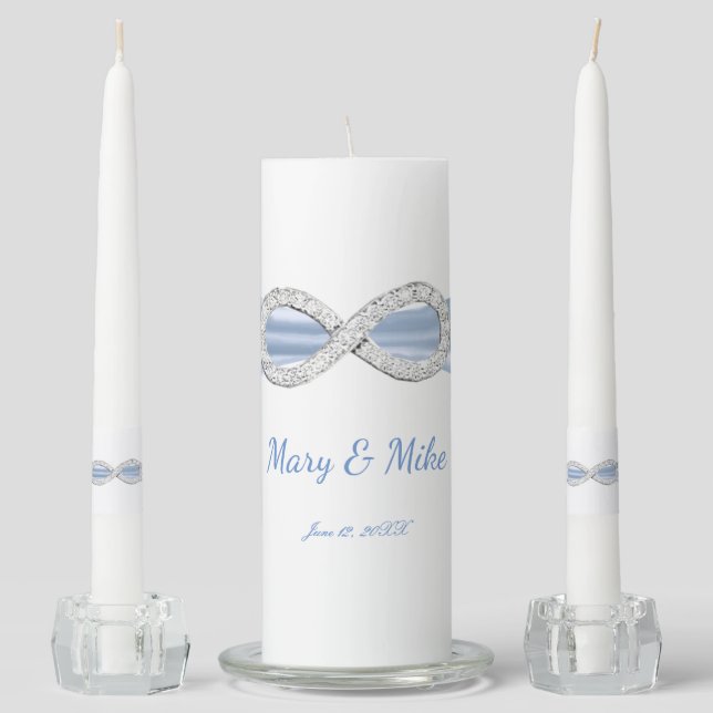 Blue Ribbon Diamond Infinity Wedding Unity Candle Set (Front)
