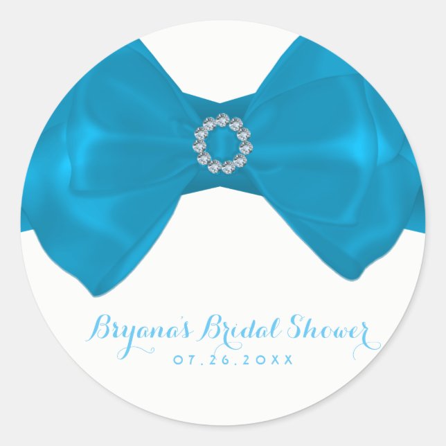 Blue Ribbon & Diamonds Bridal Shower Elegant Favor Classic Round Sticker (Front)