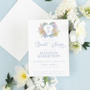 Blue Ribbon Floral Crest Bridal Shower Invitation