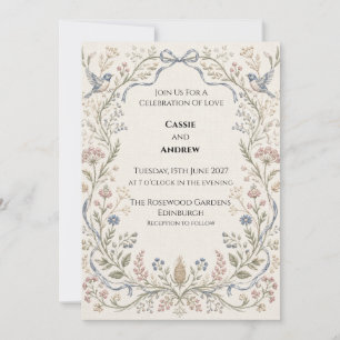 Blue Ribbon Folk Art Bird Wedding Invitation