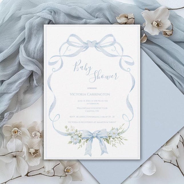 Blue Ribbon Frame Elegant Bow Baby Shower  Invitation (Creator Uploaded)