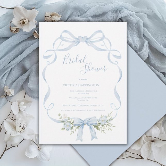 Blue Ribbon Frame Elegant Bow Bridal Shower  Invitation (Creator Uploaded)