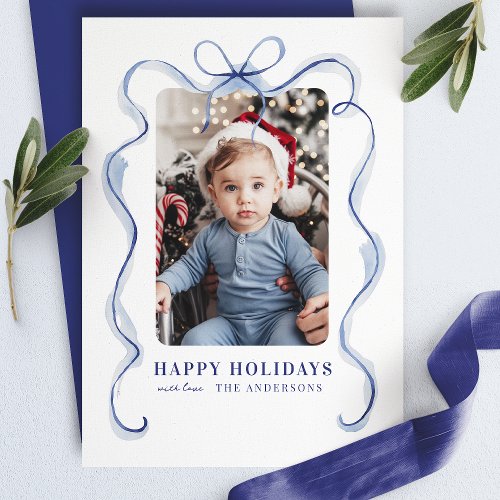 Blue Ribbon Frame Happy Holidays Photo Holiday Card