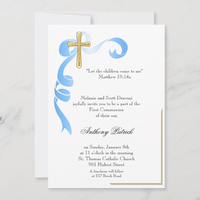 Blue Ribbon Gold Cross Communion Invitation (Front)