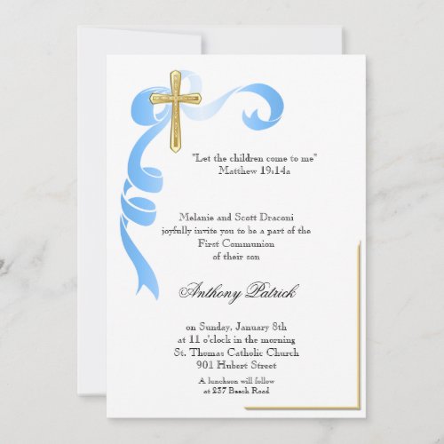 Blue Ribbon Gold Cross Communion Invitation