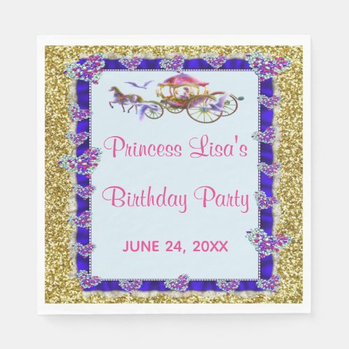 Blue Ribbon Gold Glitter Royal Princess Birthday Napkins