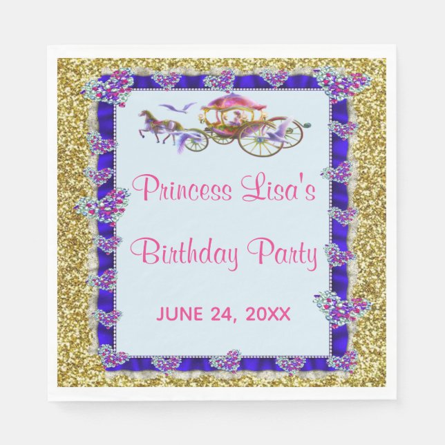 Blue Ribbon Gold Glitter Royal Princess Birthday Napkins (Front)