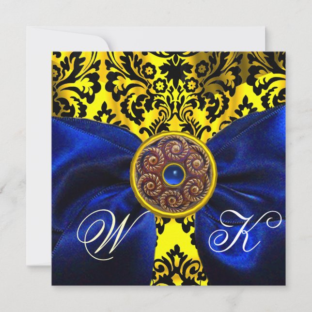 BLUE  RIBBON GOLD YELLOW  BLACK  DAMASK MONOGRAM INVITATION (Front)