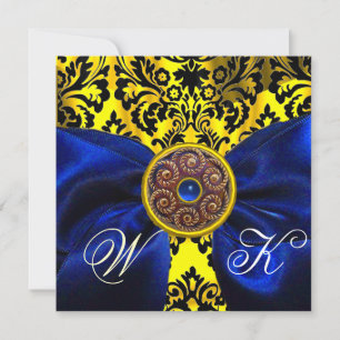 BLUE RIBBON GOLD YELLOW BLACK DAMASK MONOGRAM INVITATION