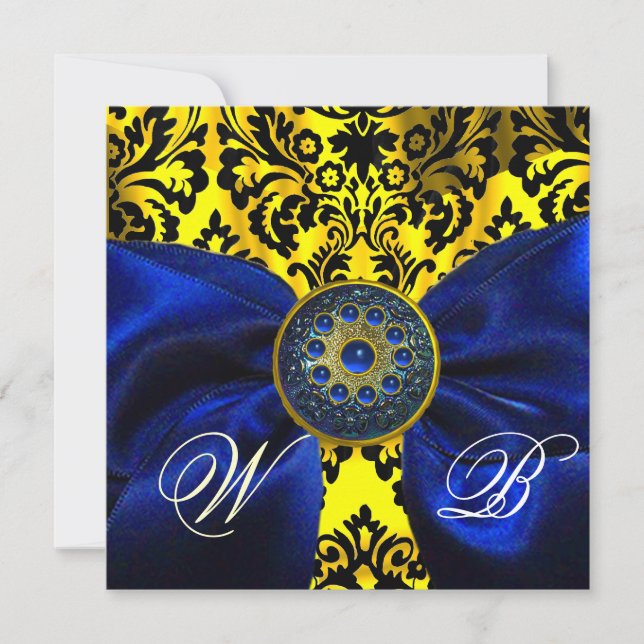 BLUE  RIBBON GOLD YELLOW  BLACK  DAMASK MONOGRAM INVITATION (Front)