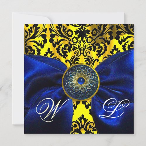 BLUE  RIBBON GOLD YELLOW  BLACK  DAMASK MONOGRAM INVITATION