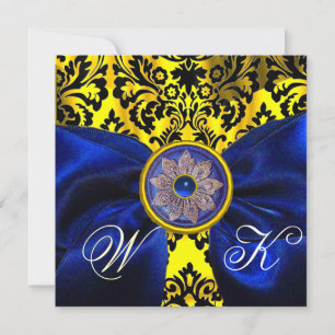 BLUE RIBBON GOLD YELLOW BLACK DAMASK MONOGRAM INVITATION
