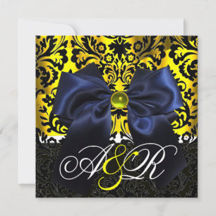 BLUE RIBBON GOLD YELLOW BLACK DAMASK MONOGRAM INVITATION