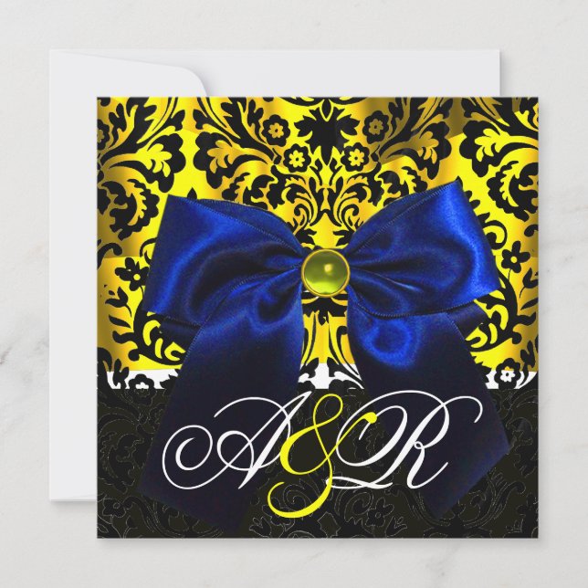 BLUE RIBBON GOLD YELLOW  BLACK  DAMASK MONOGRAM INVITATION (Front)
