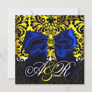 BLUE RIBBON GOLD YELLOW BLACK DAMASK MONOGRAM INVITATION