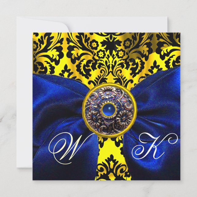 BLUE  RIBBON GOLD YELLOW  BLACK  DAMASK MONOGRAM INVITATION (Front)