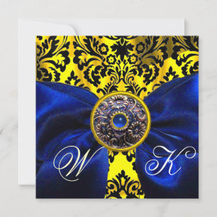 BLUE RIBBON GOLD YELLOW BLACK DAMASK MONOGRAM INVITATION