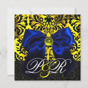 BLUE RIBBON GOLD YELLOW BLACK DAMASK MONOGRAM INVITATION