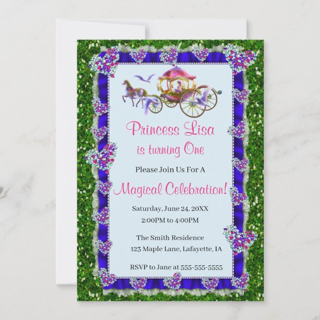 Blue Ribbon Green Glitter Royal Princess Birthday Invitation (Front)