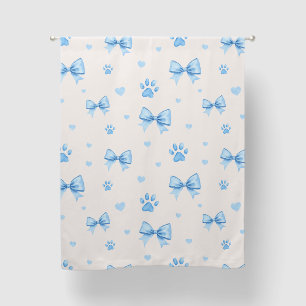Blue Ribbon, Heart & Paw Print Pattern on White Blackout Curtains