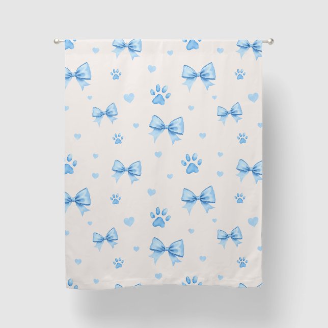 Blue Ribbon, Heart & Paw Print Pattern on White Blackout Curtains (Front)