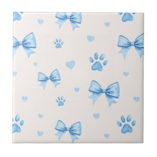 Blue Ribbon, Heart & Paw Print Pattern on White Ceramic Tile