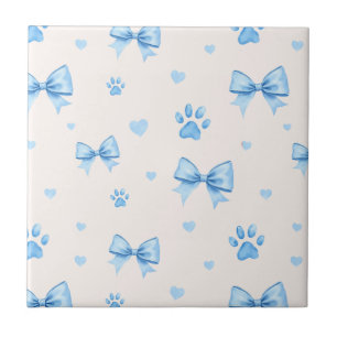 Blue Ribbon, Heart & Paw Print Pattern on White Ceramic Tile