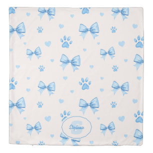 Blue Ribbon, Heart & Paw Print Pattern on White Duvet Cover