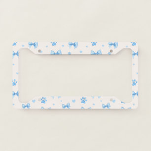 Blue Ribbon, Heart & Paw Print Pattern on White License Plate Frame